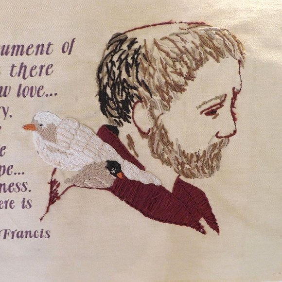 Vintage Finished St. Francis Inspiration Prayer Crewel Needlework - Picture 7 of 8